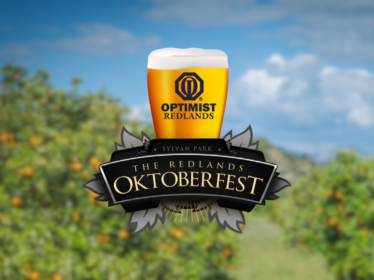 Redlands Oktoberfest logo over an orange grove