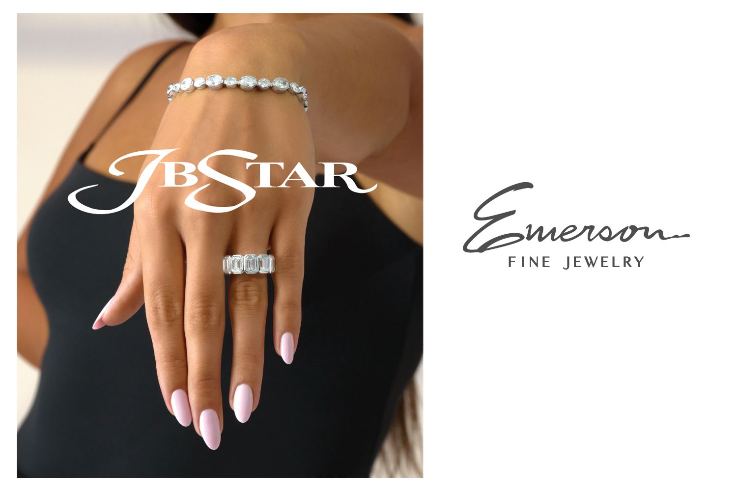 Woman wearing a JB Star diamond ring and bracelet alongside the Emerson Fine Jewelry logo.