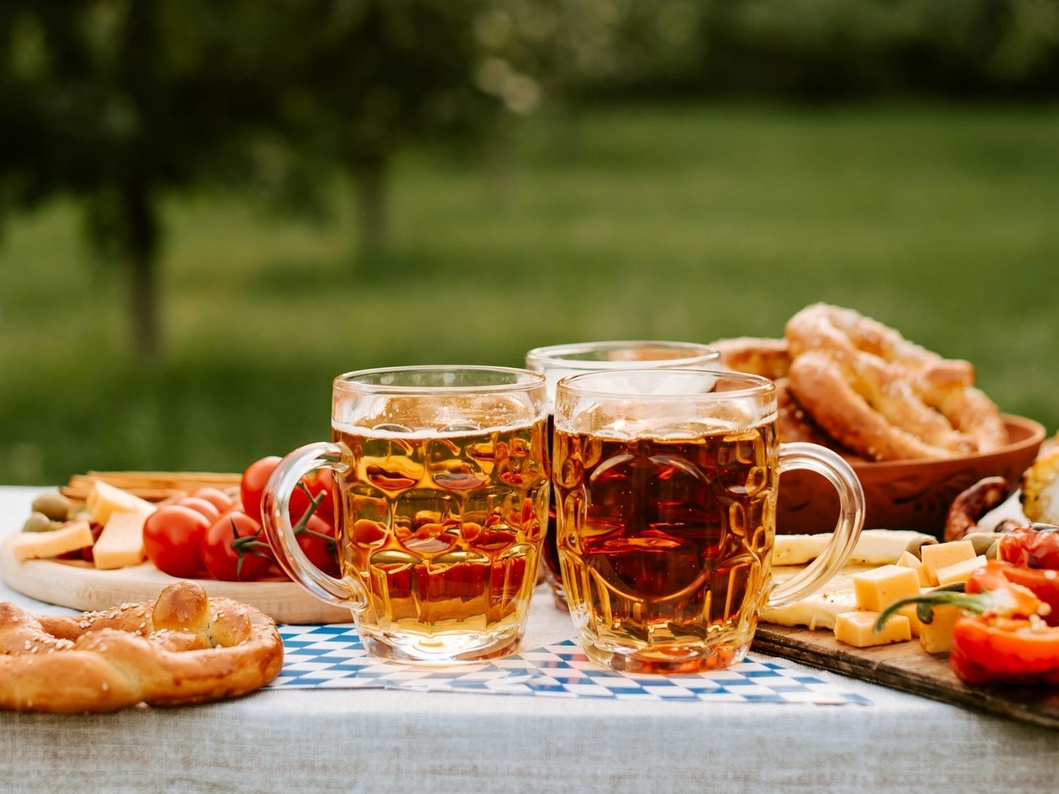Oktoberfest-inpsired food on a table outside at a park
