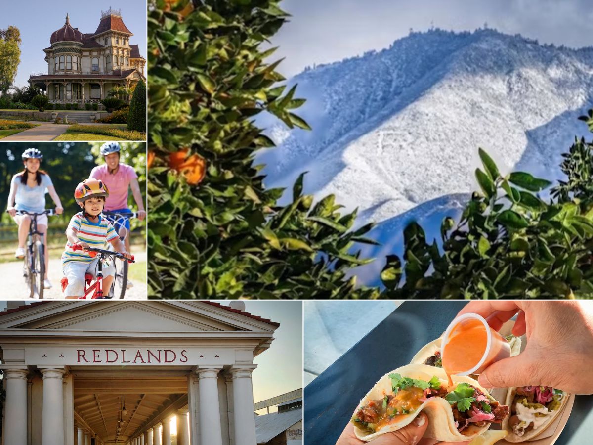 a collage of Redlands photos featured mountains, historic buildings, familes, and tacos