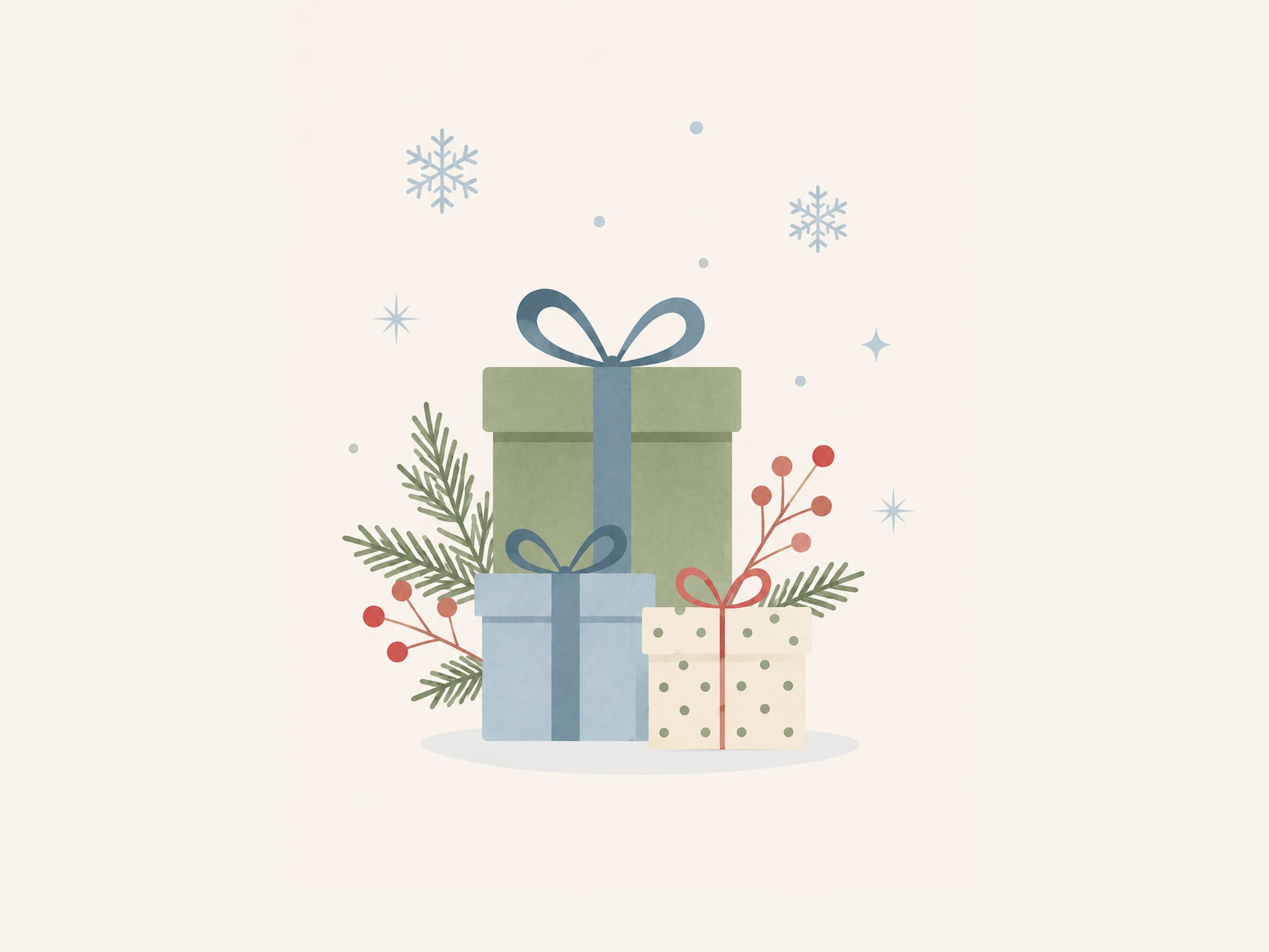 an illustration of presents in soft greens and blues