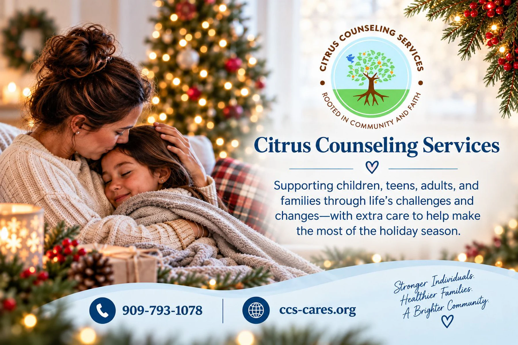 Citrus Counseling Services Banner ad with a mother and child hugging near a Christmas tree.